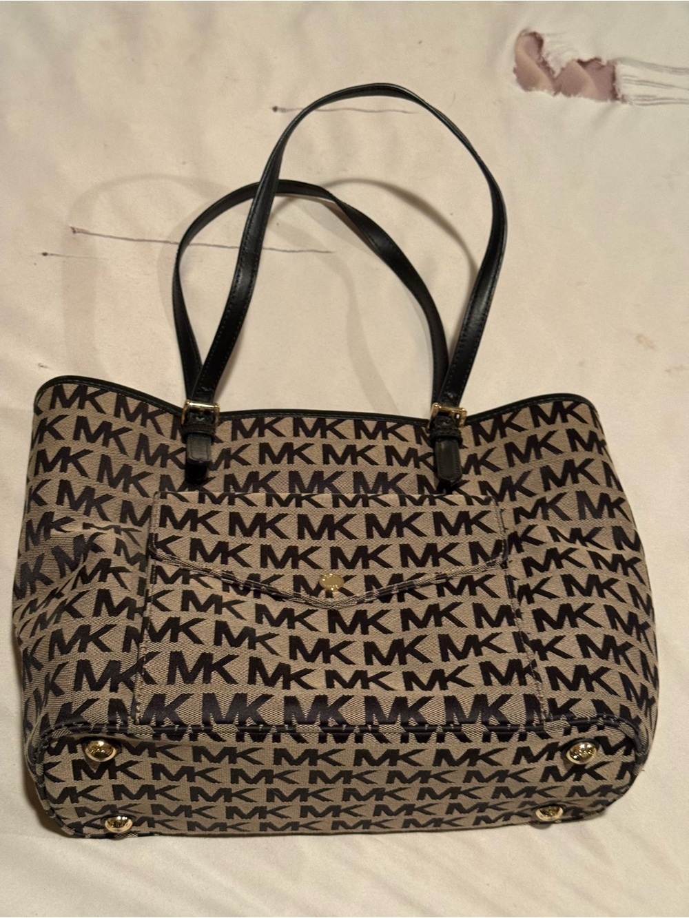 Michael Kors Beige and Black MK Logo Canvas Tote